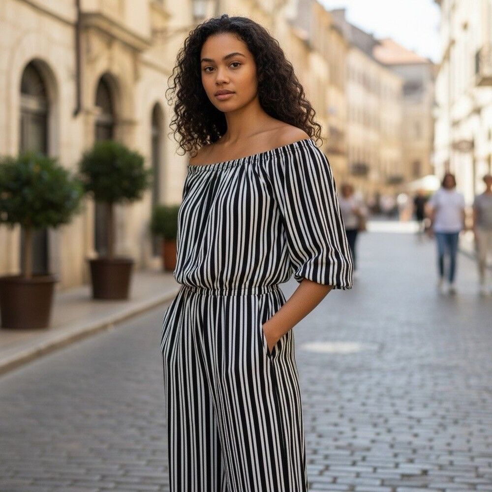 Womens Derek Heart Small Striped Jumpsuit Pantsuit wide leg Off Shoulder Boho